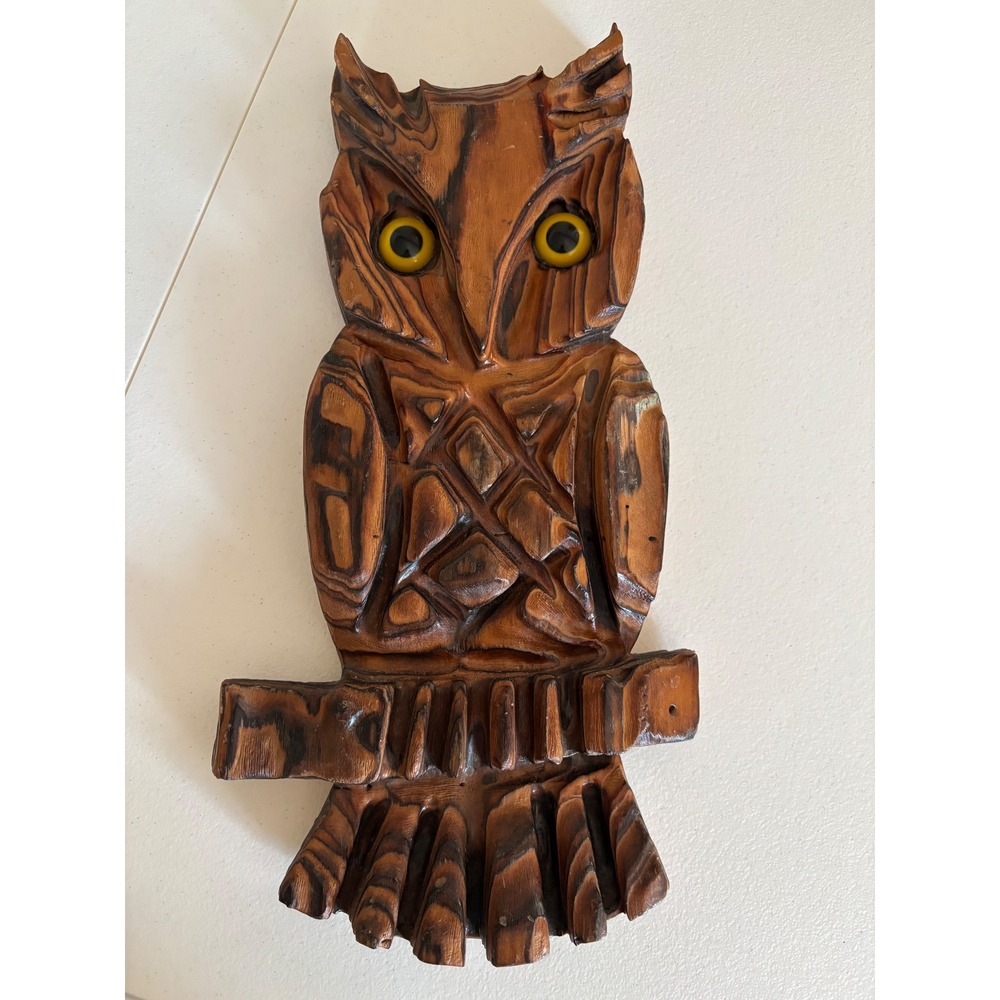 Vintage Hand Carved Wood Owl Wall Hanging Rustic Folk Art Mid Century Decor 15"